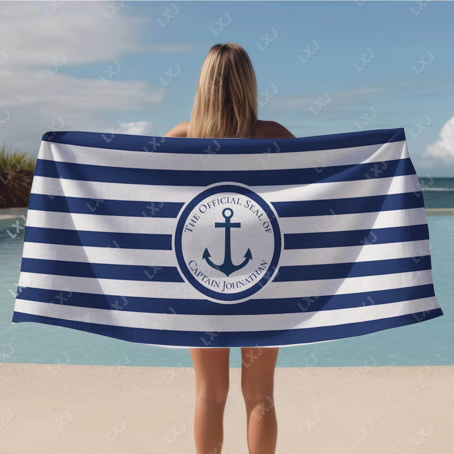Personalized Custom Boat Name Beach Towel Nautical Striped Bath Towel for Adults Soft Quick Dry Perfect for Travel and Pool - P12 Hub Europe