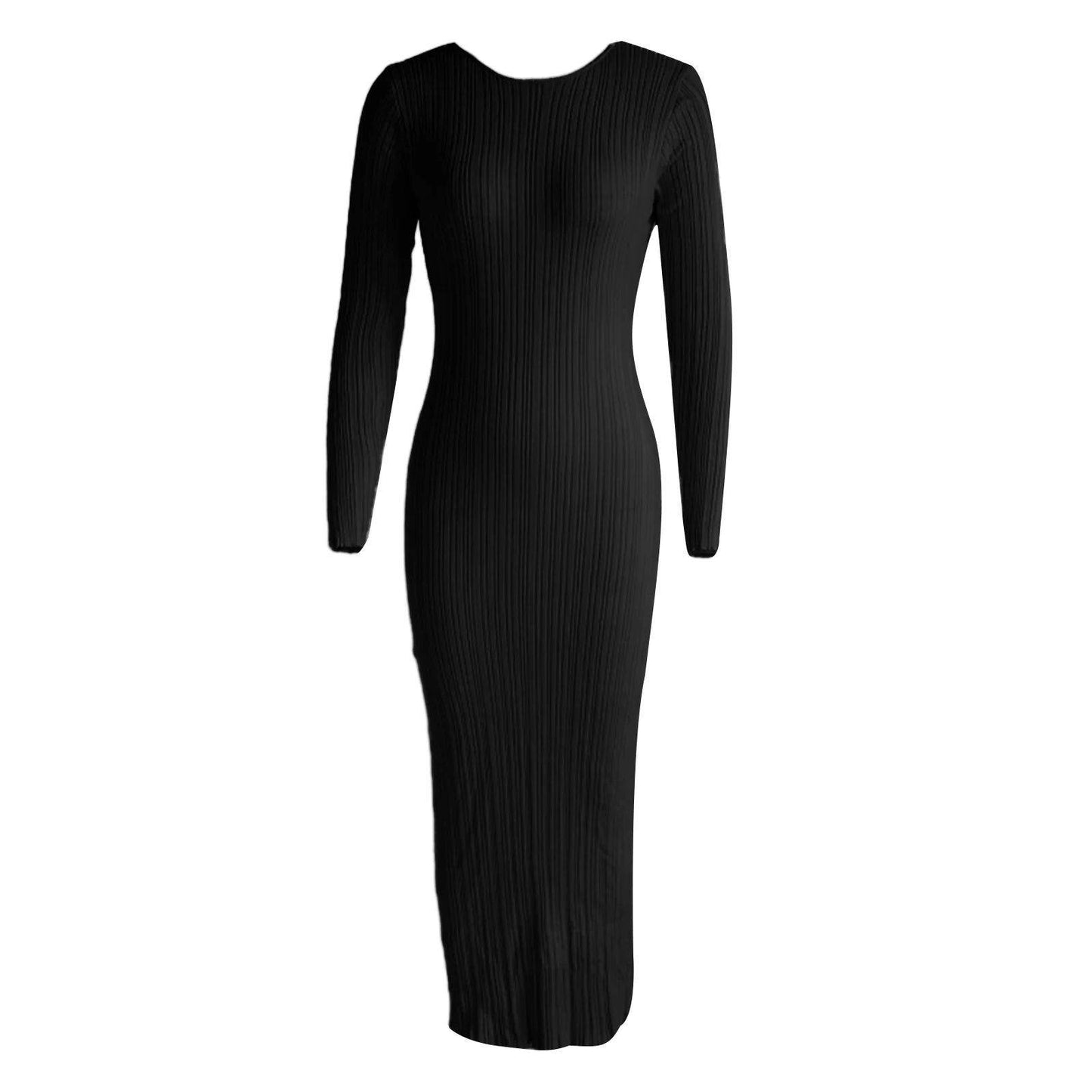 Solid Knit Long Dress Crew Neck Ribbed Slim Fit - P12 Hub Europe