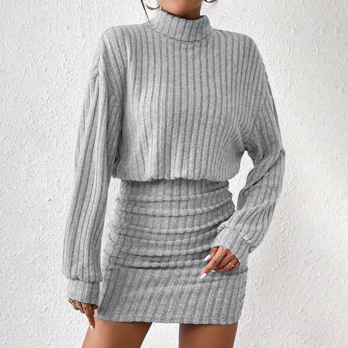 Knit Pullover Mini Dress Long Lantern Sleeve High Neck - P12 Hub Europe