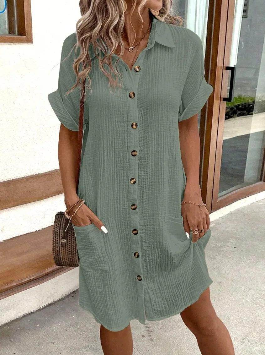Minimalist Yellow V-Neck Button Dress Chic Spring/Summer - P12 Hub Europe