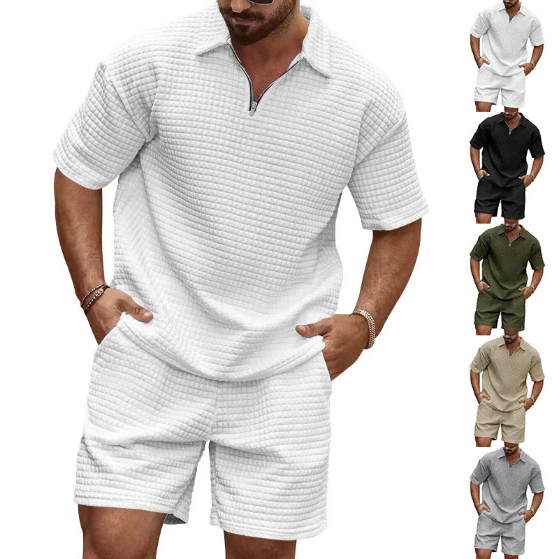 2024European and American Men's Spring and Summer Trends Youth Outdoor Lapel Small Plaid Short Sleeve Shorts Sports Suit