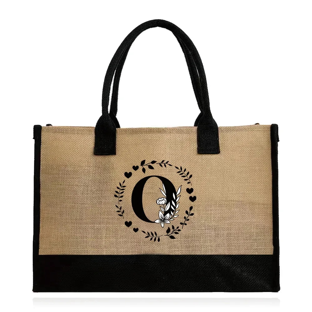 Shopping Bag Burlap Tote Bag Jute Bags Lightweight Handbag Portable LargeCapacity Women Grocery Organizer Garland Letter Pattern
