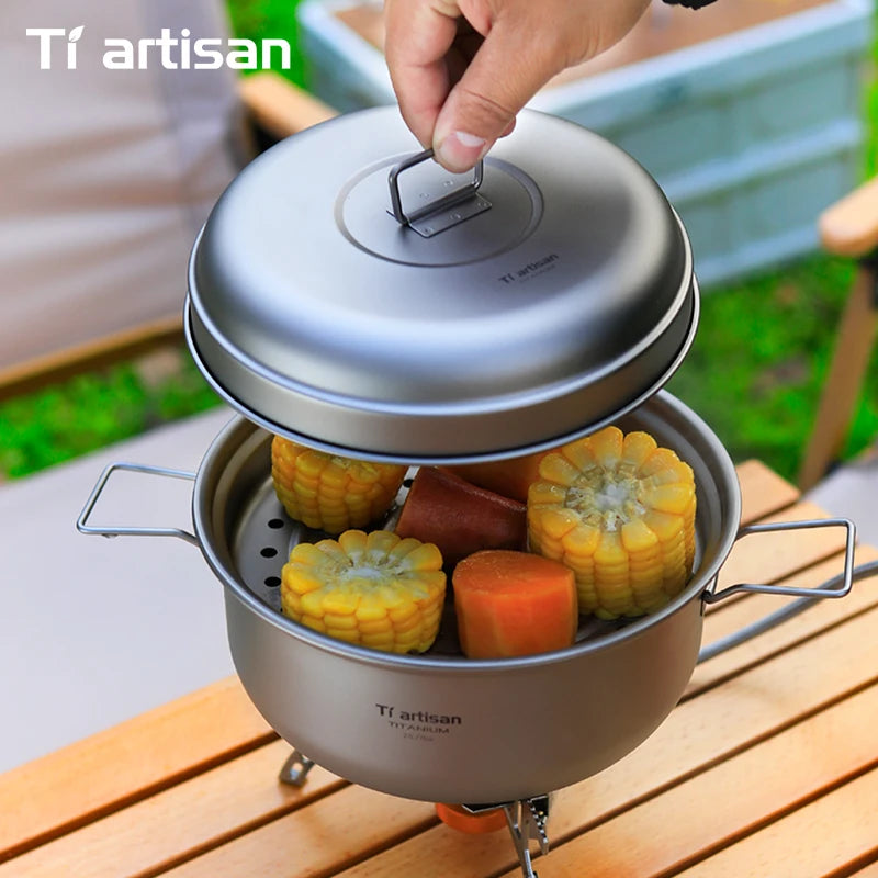 Tiartisan 2.1L/ 2.8L Titanium Camping Soup Pot Set Outdoor Lightweight Steamer with Steam Compartment Multi Functional Cookware