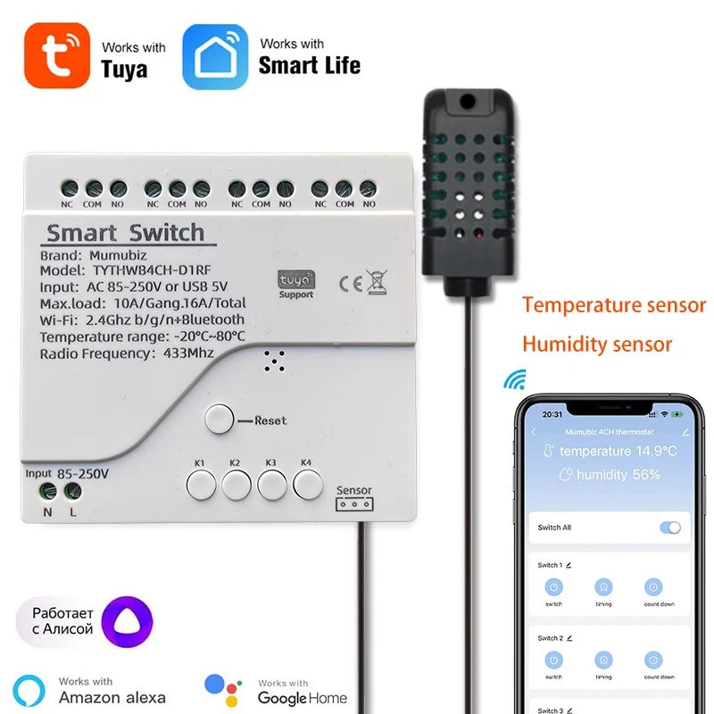 Tuya WiFi 250V 4 Channel Temperature Humidity Smart Switch,Smart Life APP, Passive Dry Contact Module Alexa Alice Compatible