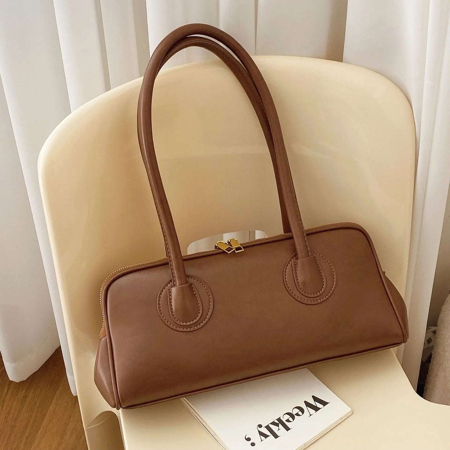 Fashion Portable Baguette Bag Retro High-quality Pu Large-capacity Bowling Underarm Shoulder Bag Niche Design Light Luxury