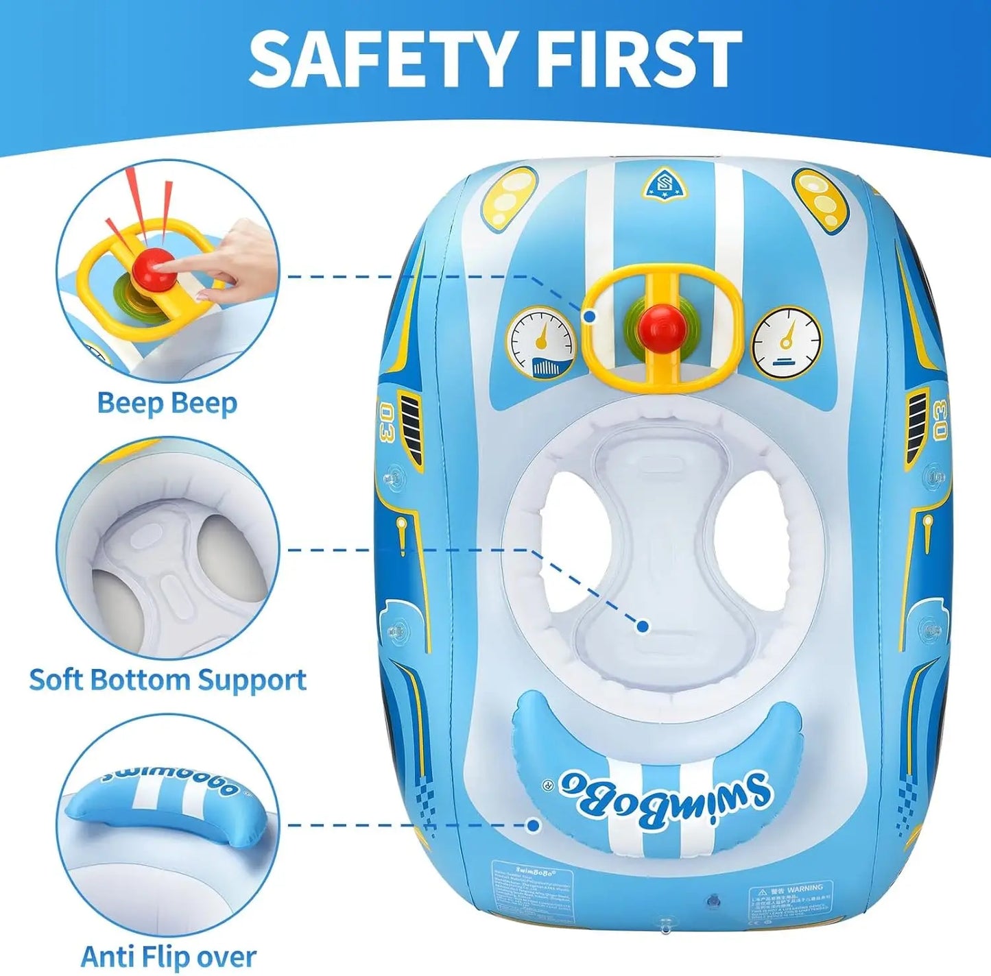 Swimbobo Toddler Pool Float Inflatable Car Baby Swim Float with Adjustable Sun Canopy and Safety Seat Pool Toys for Kids
