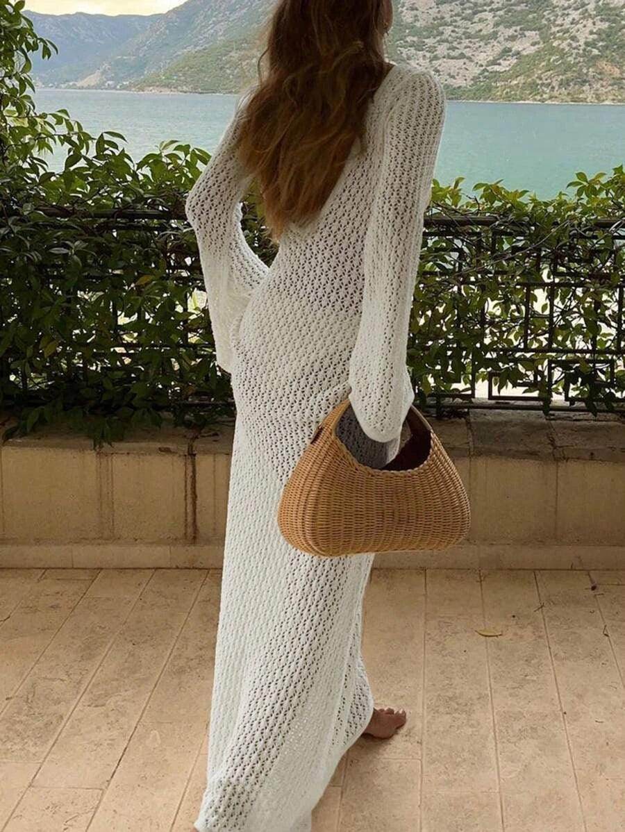 Knitted Crochet Cover-Up Maxi Dress Backless V-Neck Beach - P12 Hub Europe