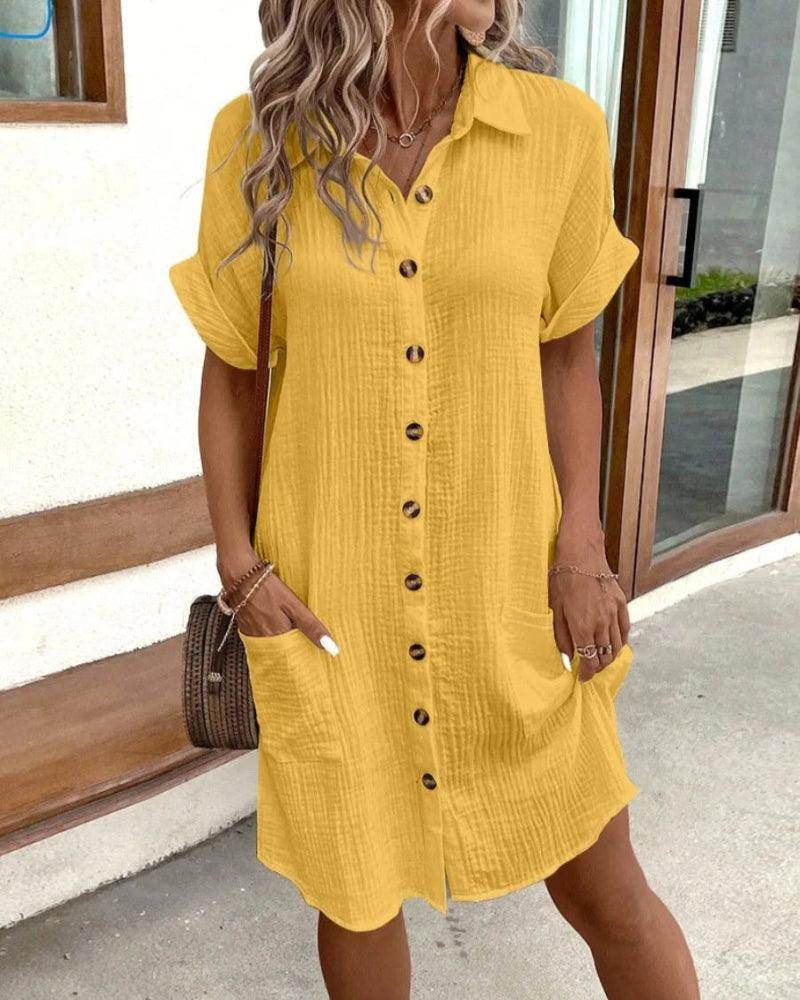Minimalist Yellow V-Neck Button Dress Chic Spring/Summer - P12 Hub Europe