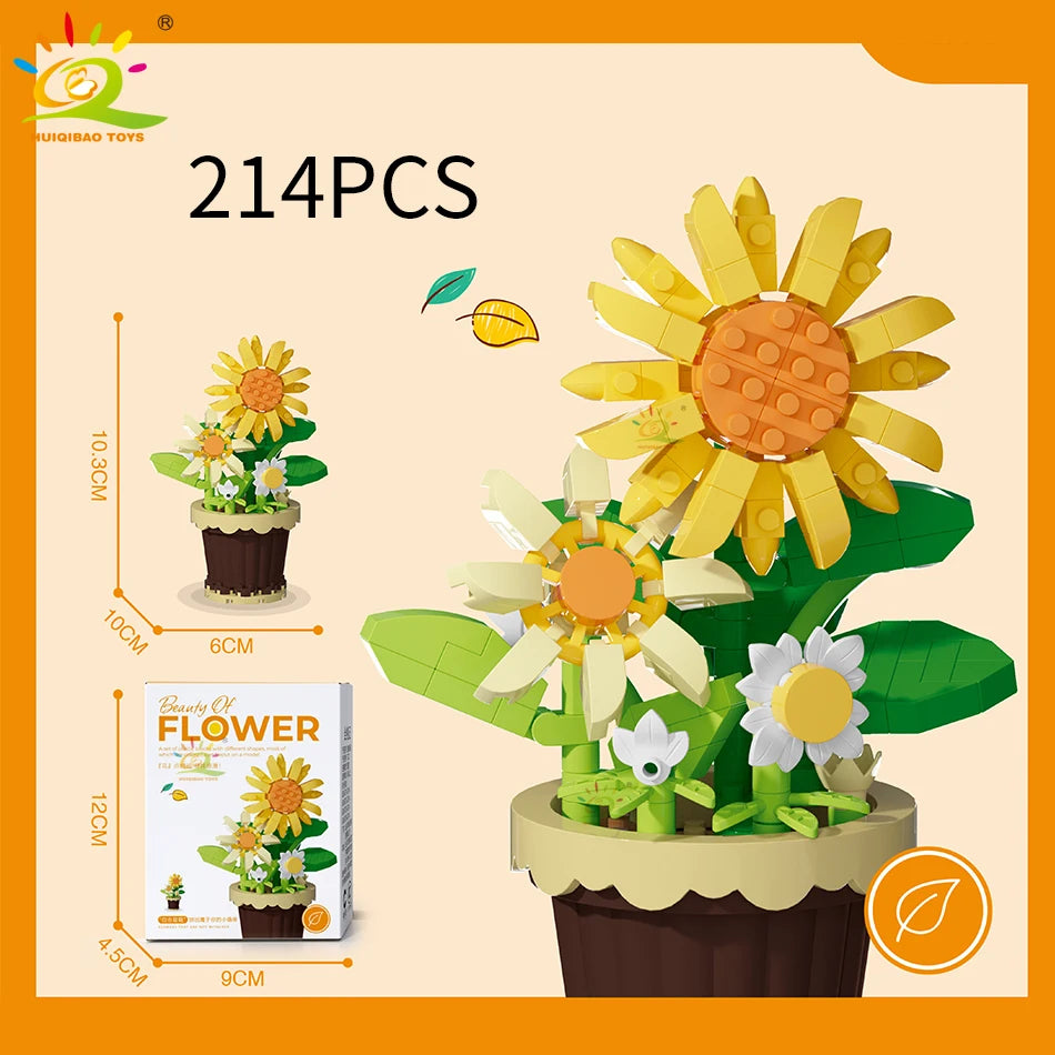 HUIQIBAO MOC Eternal Bouquet Micro Building Blocks Flower Model DIY Home Desk Plant Decoration Assemble Brick Toy For Children