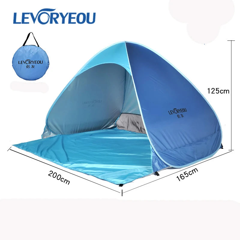 2Second Quick Open Fully Automatic Beach Tent 200*165*125cm UV Protection Sunshade Pop Up Waterproof Silver Coated Steel Pole