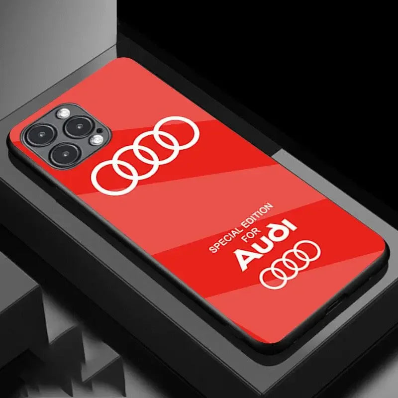 Luxury Mirror Surface Glass Hard Cover For Car Logo Audi Phone Case iPhone 16 Pro Max Cases 13 15 14 Plus 12 Mini 11 X XR XSMAX