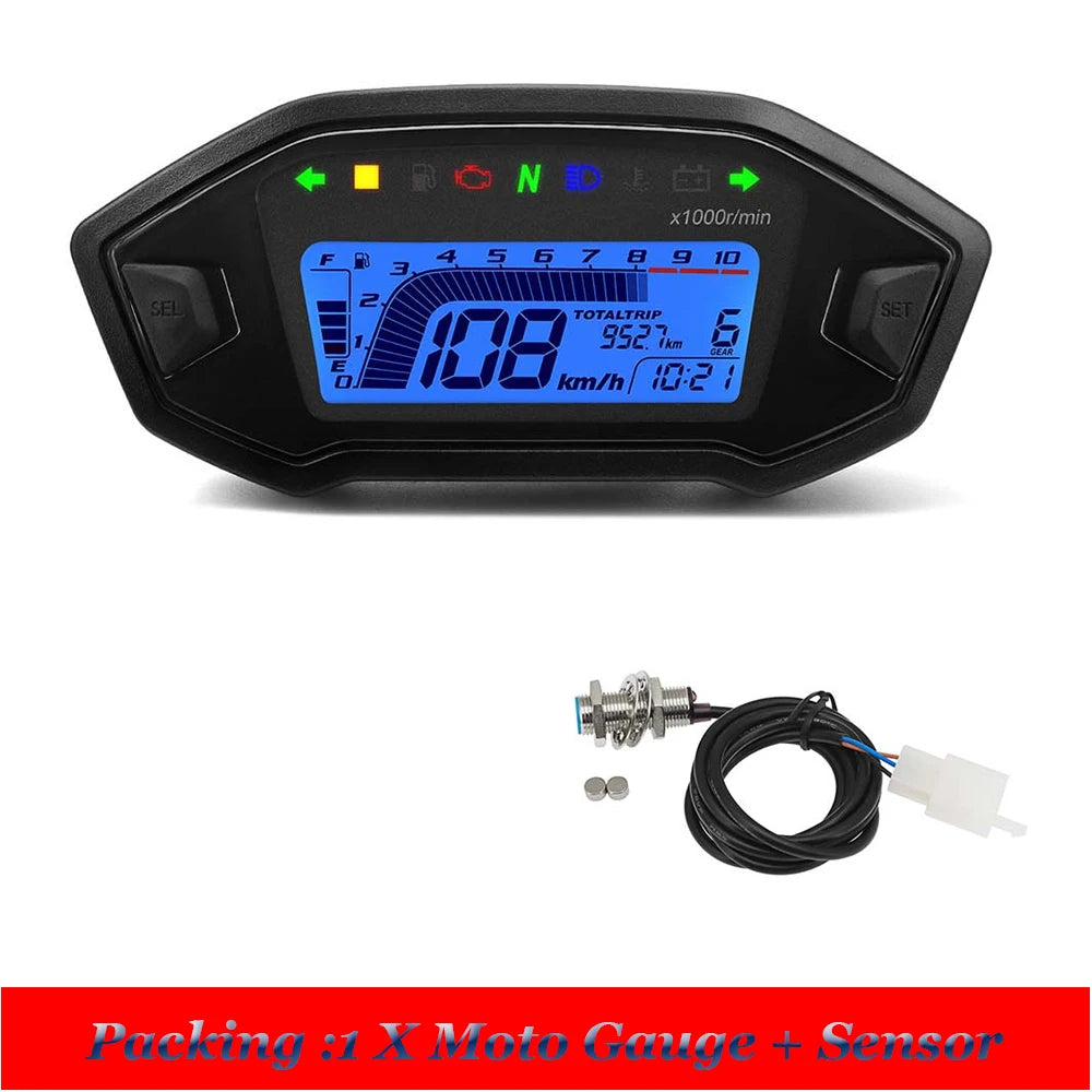 Newest Universal Motorcycle Speedometer 7 Colors Digital Meters Instrument LCD 13000rpm Tachometer Turn Signal Light Indicator