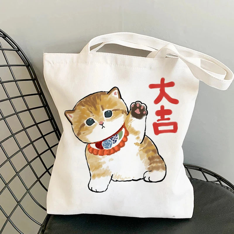 Kawaii Cats Cartoon Manga Tote Bag Beach Bag Shopper Bags Handbags Canvas Shoulder Bags Woman Shopping Bags High Capacity