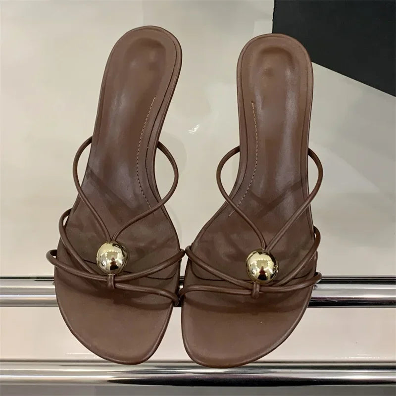 Aneikeh Fashion Low Thin Heels Design Narrow Band Women Slippers Narrow Band Round Head Sandal Mules Slides Shoes Zapatos Mujer