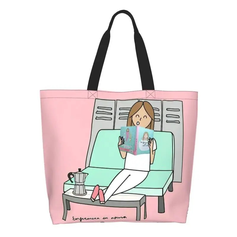 Cartoon Doctor Nurse Enfermera En Apuros Grocery Bags Large Capacity Aesthetic Merch For Woman Street Shoulder Bag