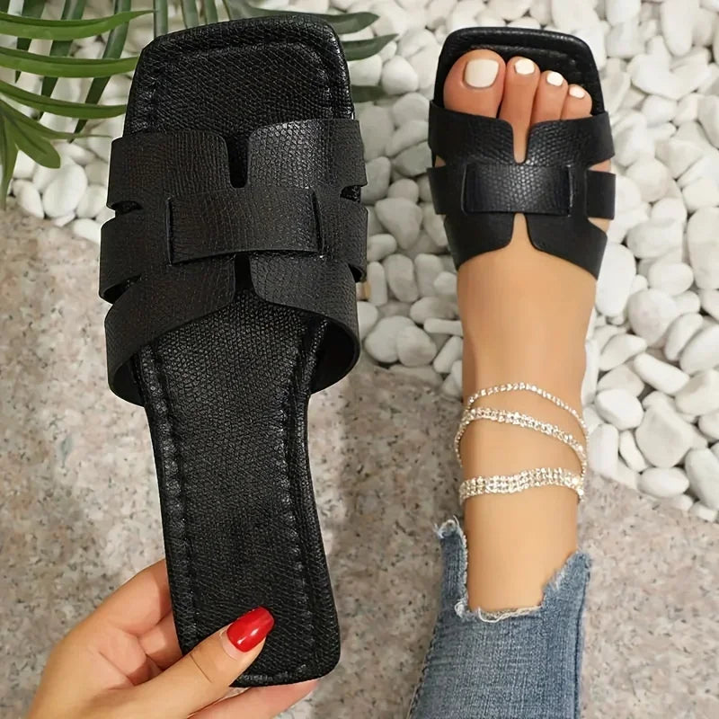Chic Womens Slide Sandals - Lightweight, Casual, Flat, Square Open Toe - Perfect for Summer & Kings Day