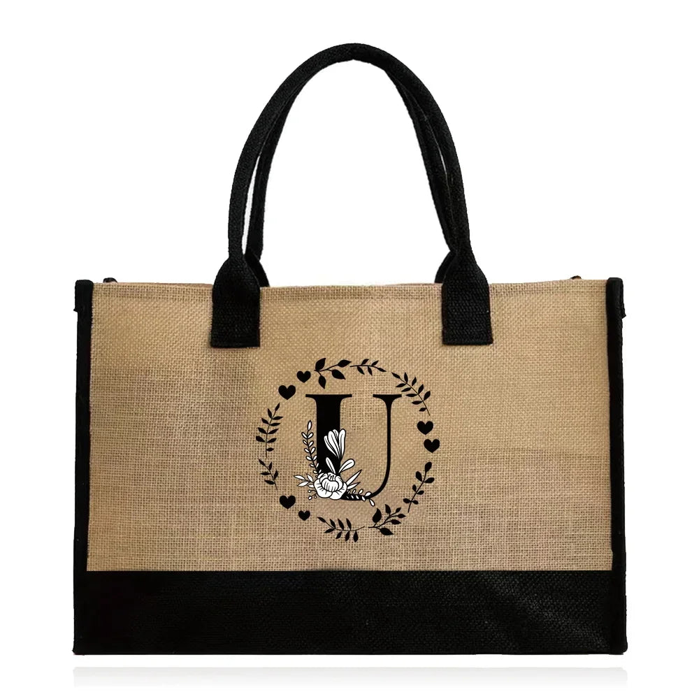 Shopping Bag Burlap Tote Bag Jute Bags Lightweight Handbag Portable LargeCapacity Women Grocery Organizer Garland Letter Pattern
