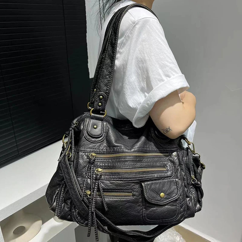 HAEX Women's Punk Biker Tote Bag Large Capacity PU Leather Crossbody Purse with Multi Pockets for Work Commute Moto Style
