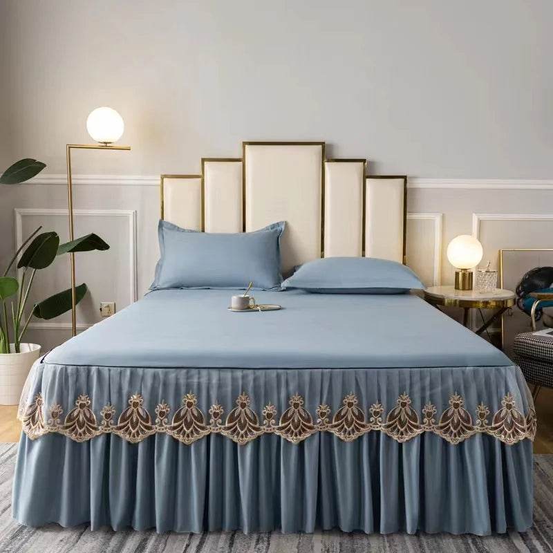 3pcs Set Raw Cotton Soft Bedspread Bed Romance Dust Protector Cover Embroidery Lace Edge Bed Skirt with 2pcs Pillowcase - P12 Hub Europe