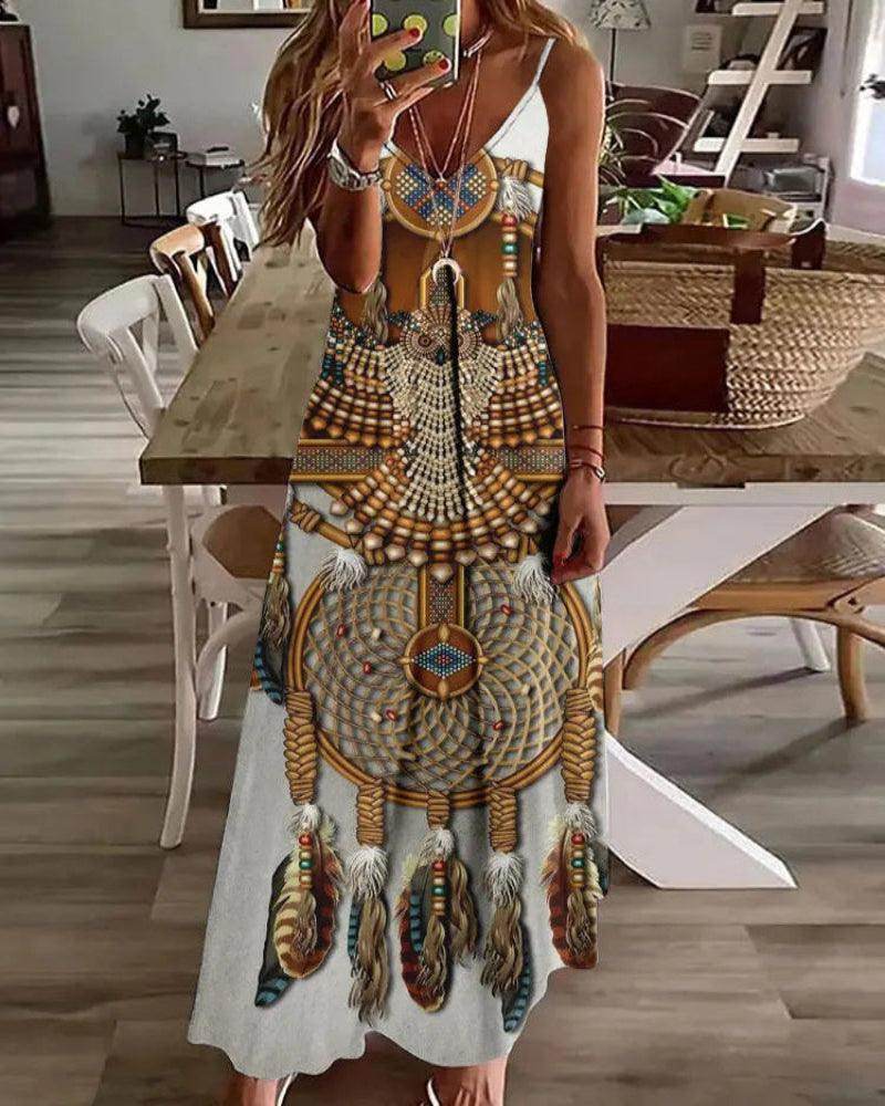 3D Owl Print Boho Maxi Dress Sleeveless Tribal - P12 Hub Europe