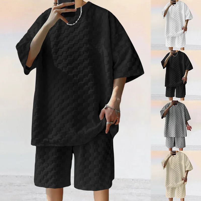 European and American Oversized Fashion Brand Men's Summer New Chessboard Plaid Loose Sports and Leisure Two-Piece Set