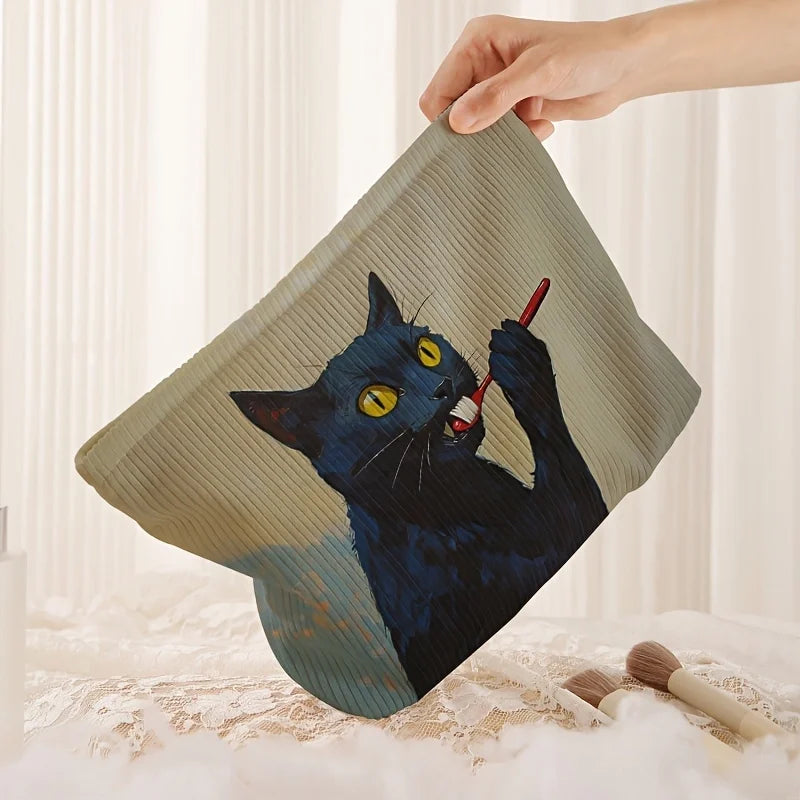 1pc,Black cat patterned corduroy makeup bag, lightweight zipper makeup storage box, multifunctional bag with lining