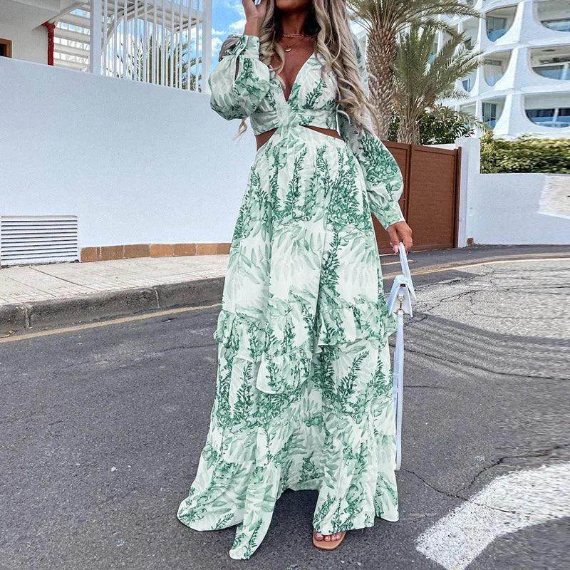 Deep V-Neck Maxi Dress Elegant Hollow Out Ruffle - P12 Hub Europe