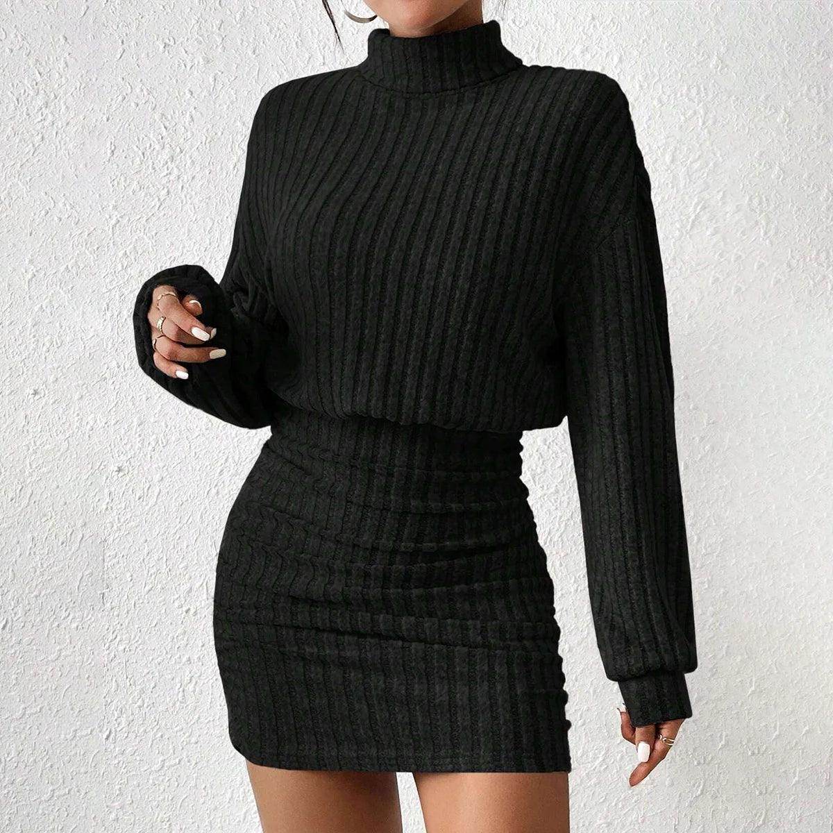 Knit Pullover Mini Dress Long Lantern Sleeve High Neck - P12 Hub Europe