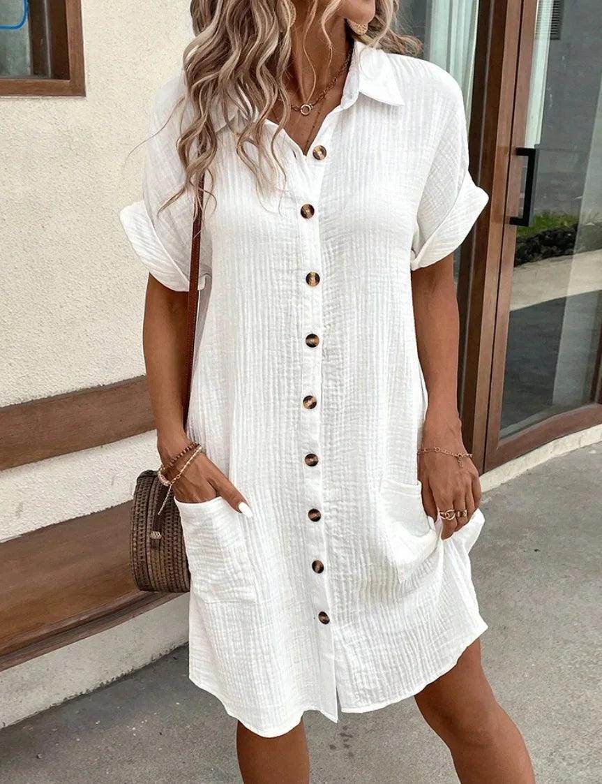 Minimalist Yellow V-Neck Button Dress Chic Spring/Summer - P12 Hub Europe