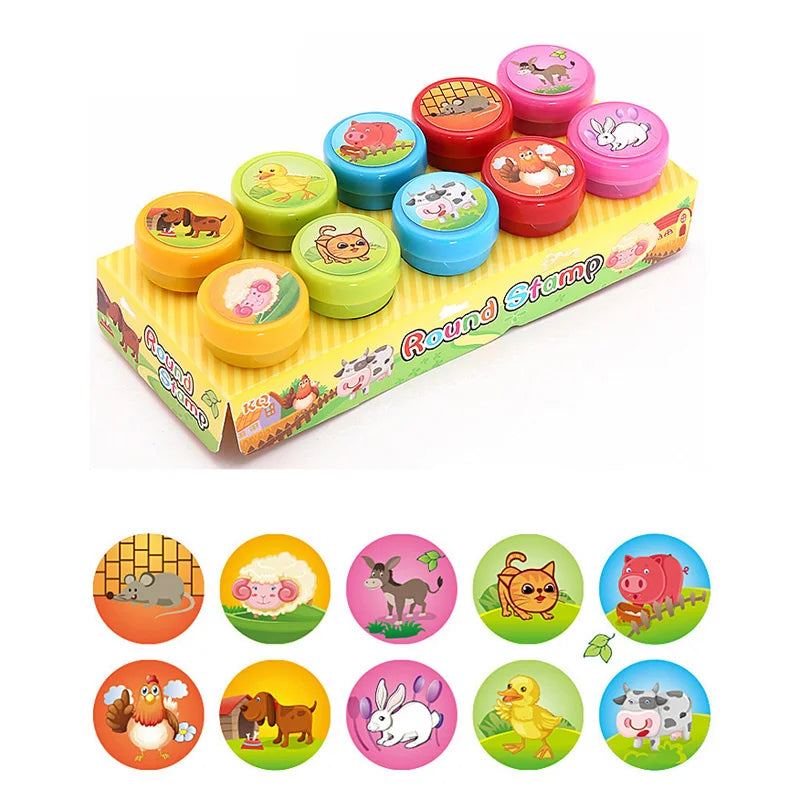 10Pcs/Set Children Stamps Toy Cartoon Animals Dinosaur Fruits Pattern Seal for Kids DIY Painting Toys