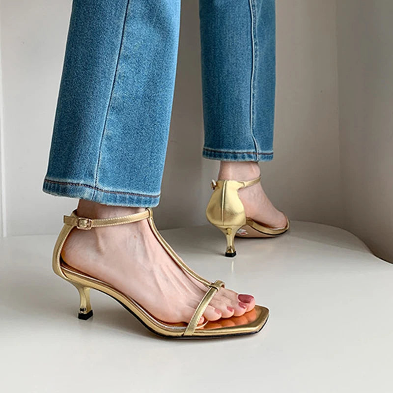 JOZHAMTA Size 34-43 Fashion Women Summer Sandals Shoes Mid Heel Cow Leather Sexy Simple Open Toe Party Shoes Pumps Wedding