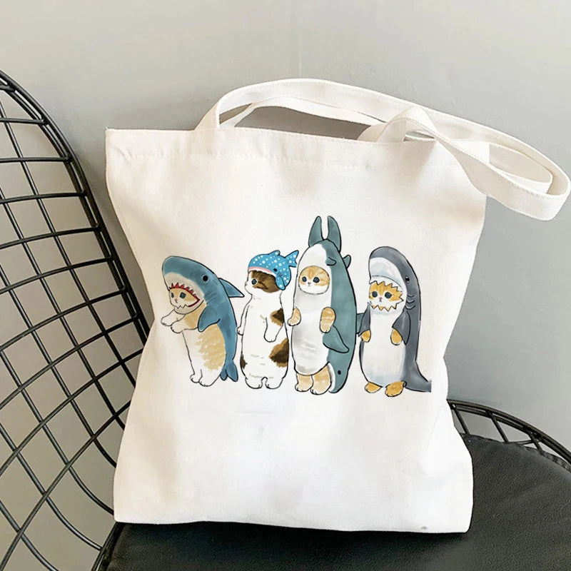 Kawaii Cats Cartoon Manga Tote Bag Beach Bag Shopper Bags Handbags Canvas Shoulder Bags Woman Shopping Bags High Capacity
