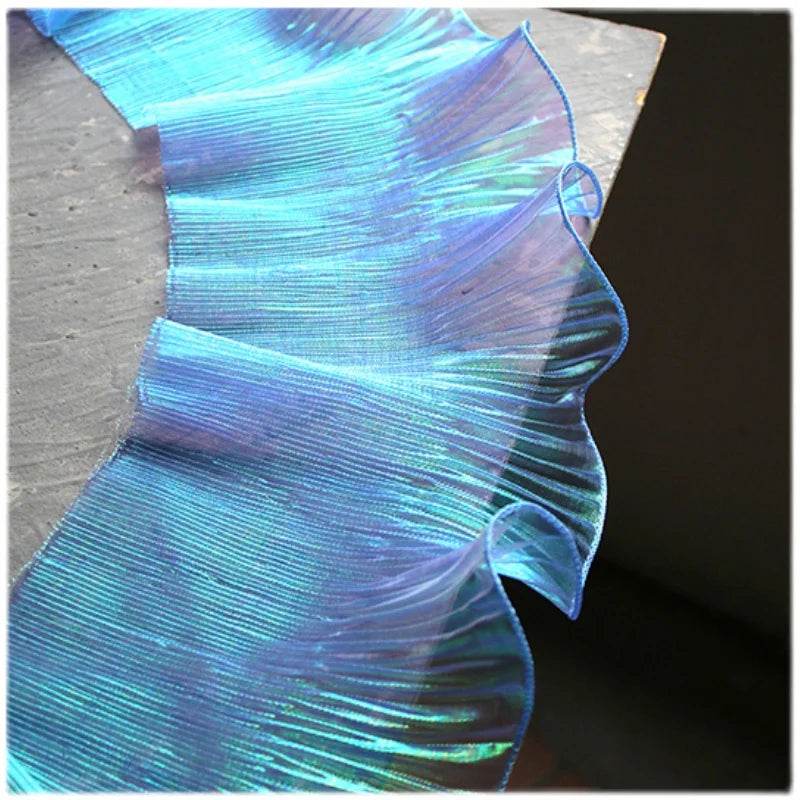 1 Yard Blue Lace Fabric Pleated Mermaid Effect Laser Neon Luster For Women Dress 15CM Wide - P12 Hub Europe