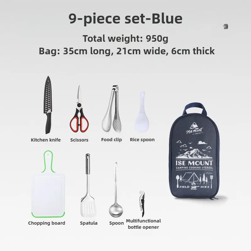 ISE MOUNT Camping Kitchen Cookware Set Travel Utensils Set 9pcs Stainless Steel Kitchenware for Backpacking BBQ Camping Picnic
