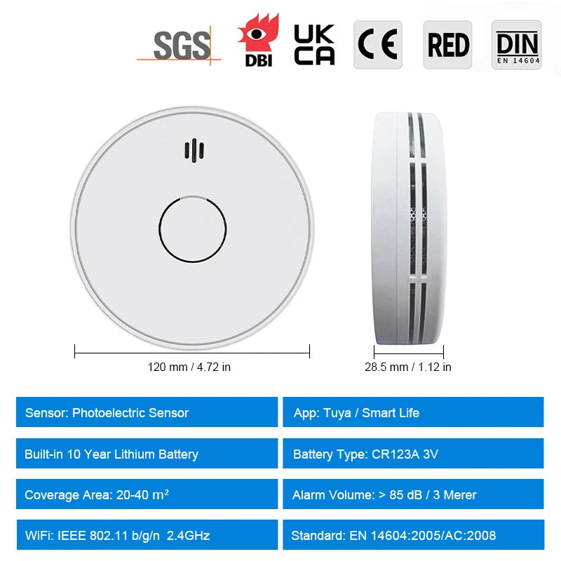 Super Thin WiFi Tuya Smart Smoke Detector Built-in 10 Year Battery Home Safety Parlor Child Room Shop Fire Sound Alarm Sensor