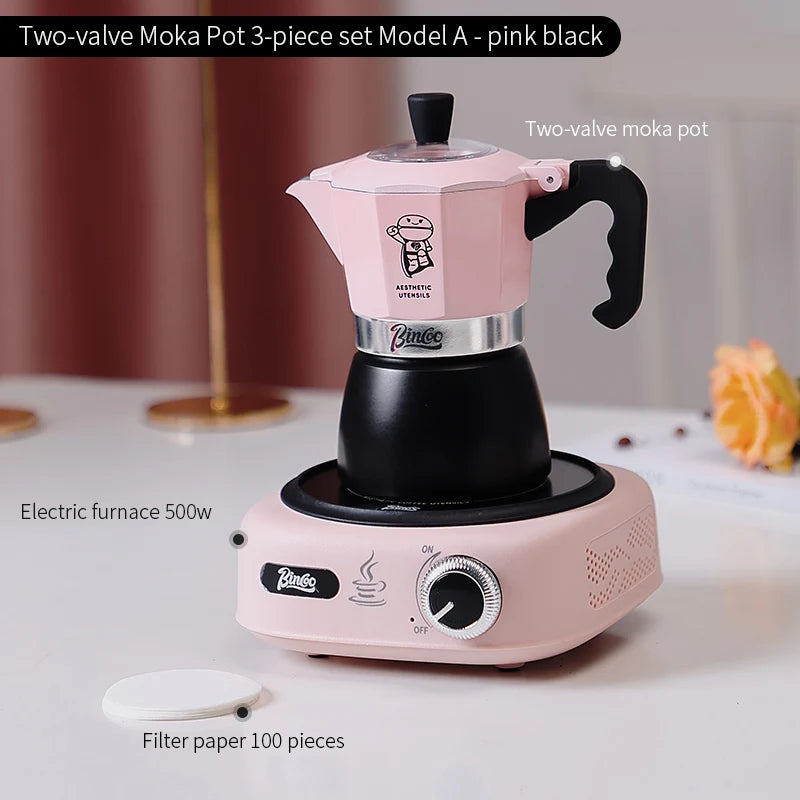 Bincoo Double valve Moka Pot Electric Stove Set Coffee Pot Household Italian Espresso Machine Mocha Pot Barista Accessories 220V