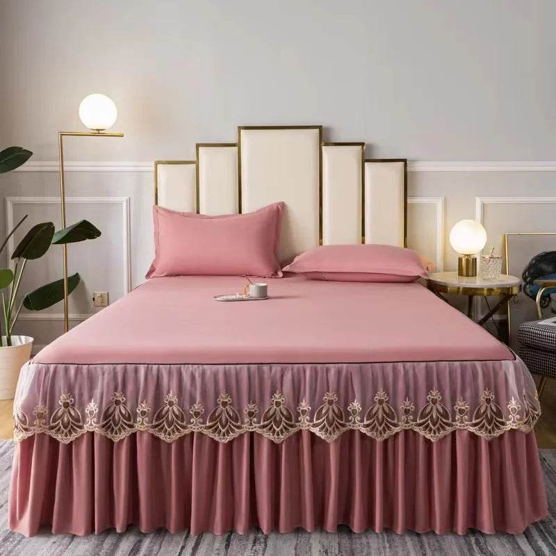 3pcs Set Raw Cotton Soft Bedspread Bed Romance Dust Protector Cover Embroidery Lace Edge Bed Skirt with 2pcs Pillowcase - P12 Hub Europe