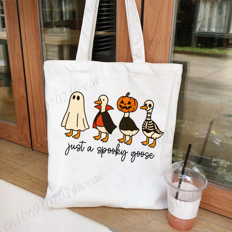 Funny Halloween Goose Wome's Tote Bags Reusable Handbag Shopping Totes Just A Spooky Goose Casual Fashion Shoulder Shopping Bag