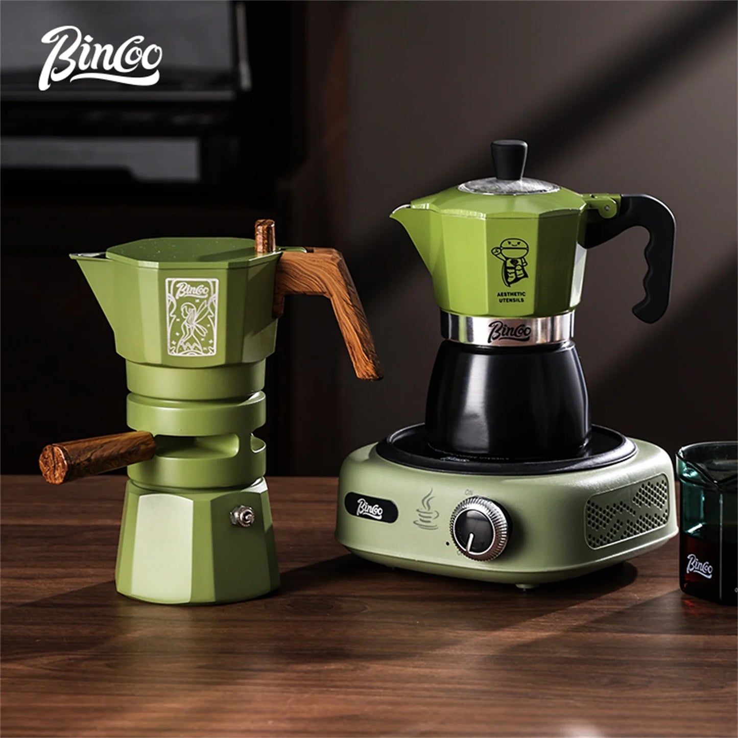 Bincoo Double-valve Moka Pot Set Electric Stove Pot Household Italian Espresso Machine Coffee Mocha Pot Barista Accessories 220V