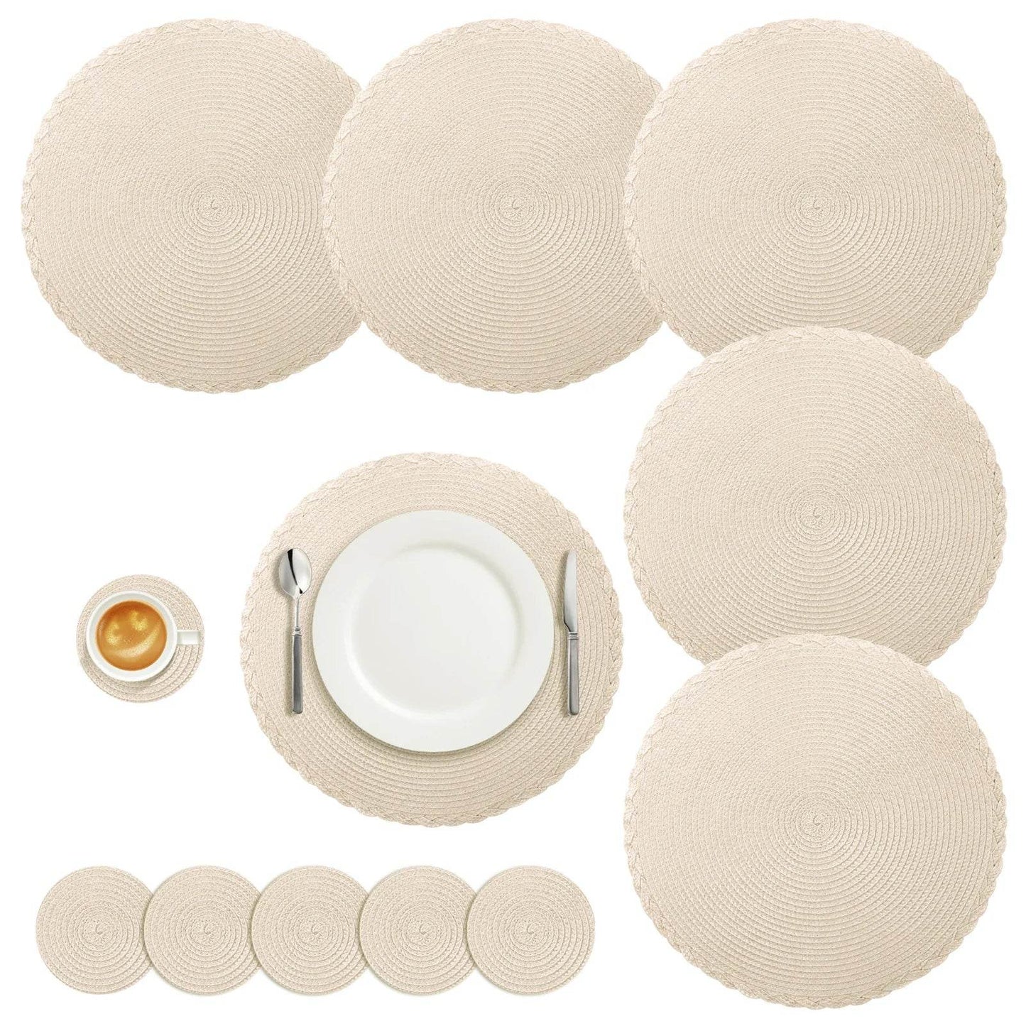 Round Braided Placemats Set of 6 Washable PP/PET Heat Resistant 34cm Table Place Mat for Kitchen Xmas Dining Table Party Decor - P12 Hub Europe