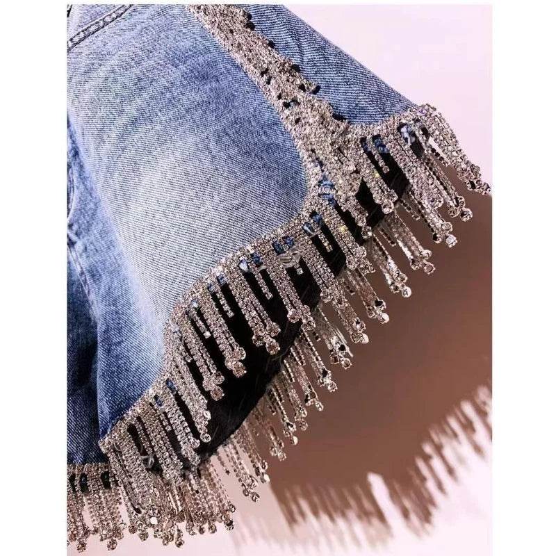 Sexy Rhinestone Fringed Denim Shorts - P12 Hub Europe