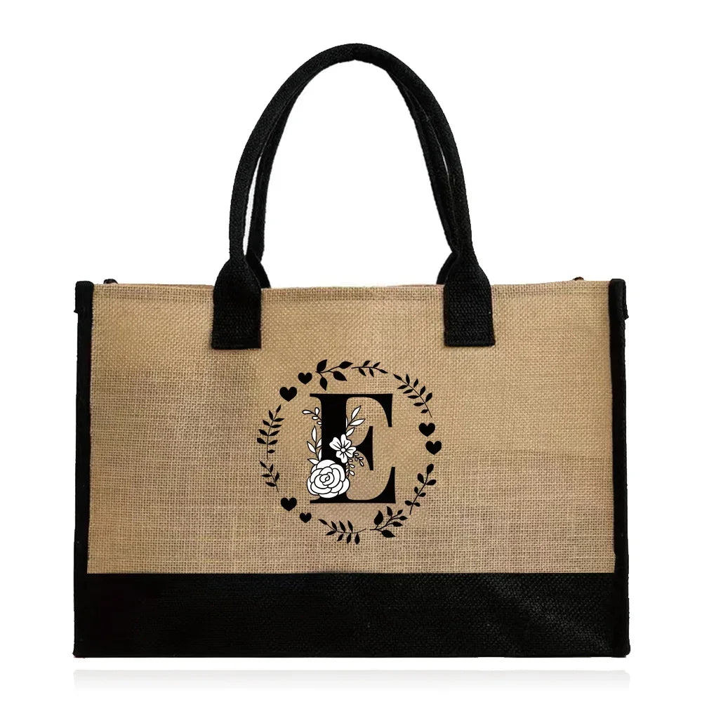 Shopping Bag Burlap Tote Bag Jute Bags Lightweight Handbag Portable LargeCapacity Women Grocery Organizer Garland Letter Pattern