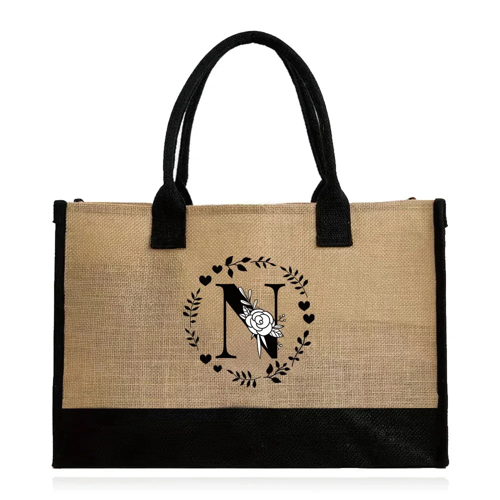 Shopping Bag Burlap Tote Bag Jute Bags Lightweight Handbag Portable LargeCapacity Women Grocery Organizer Garland Letter Pattern