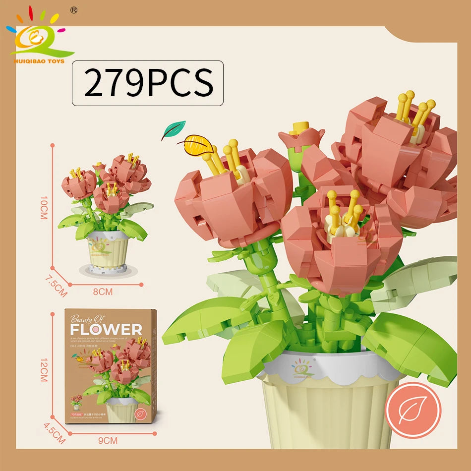 HUIQIBAO MOC Eternal Bouquet Micro Building Blocks Flower Model DIY Home Desk Plant Decoration Assemble Brick Toy For Children