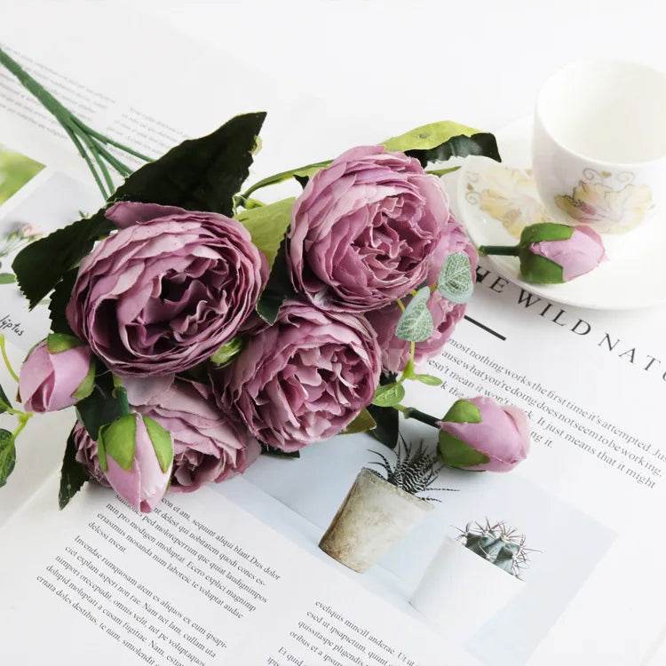 1 Bundle Artificial Roses Flowers Silk Peony Bouquet Home Decoration Accessorie Wedding Party Scrapbook Fake Plants Diy Pompons - P12 Hub Europe
