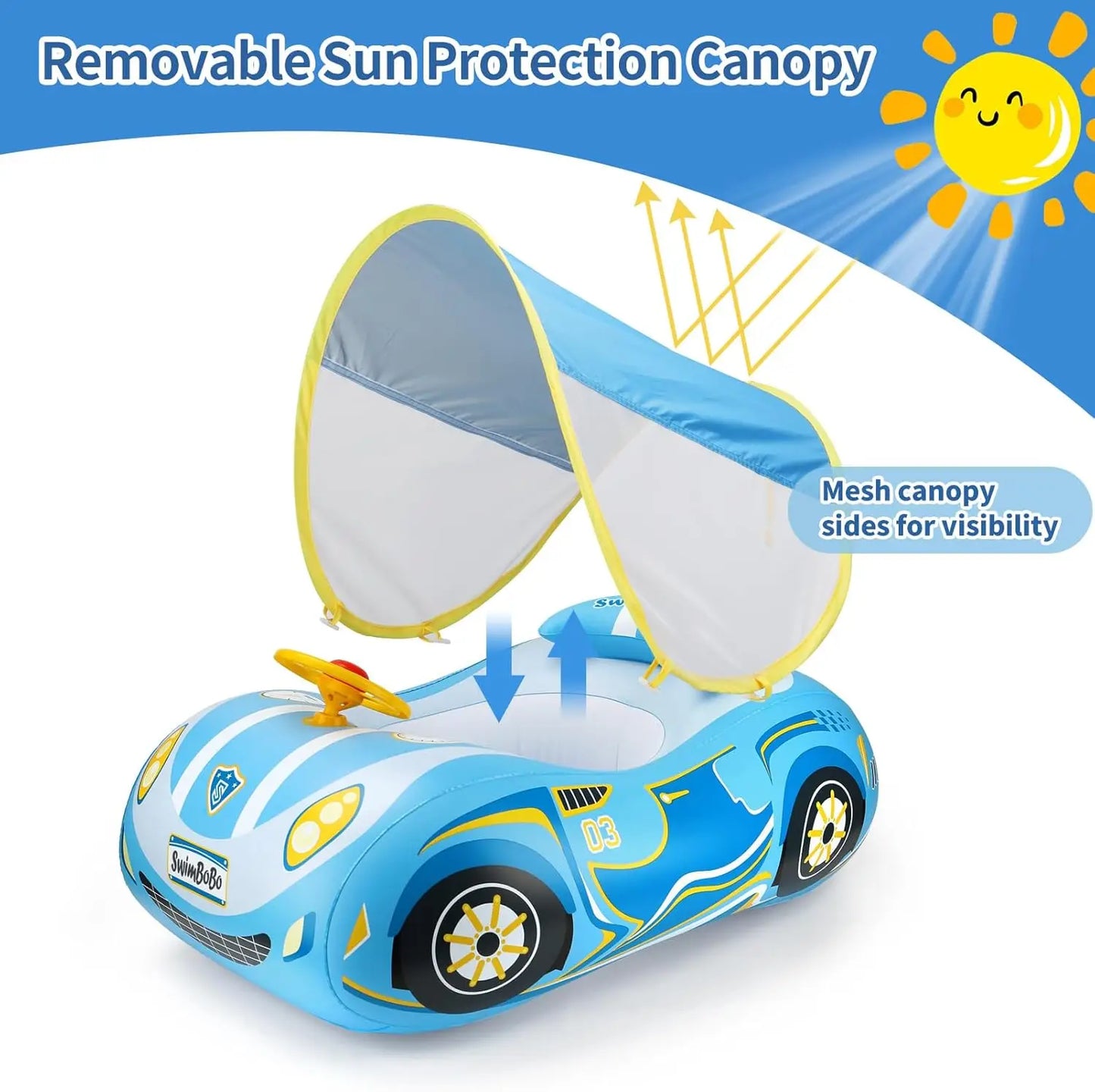 Swimbobo Toddler Pool Float Inflatable Car Baby Swim Float with Adjustable Sun Canopy and Safety Seat Pool Toys for Kids
