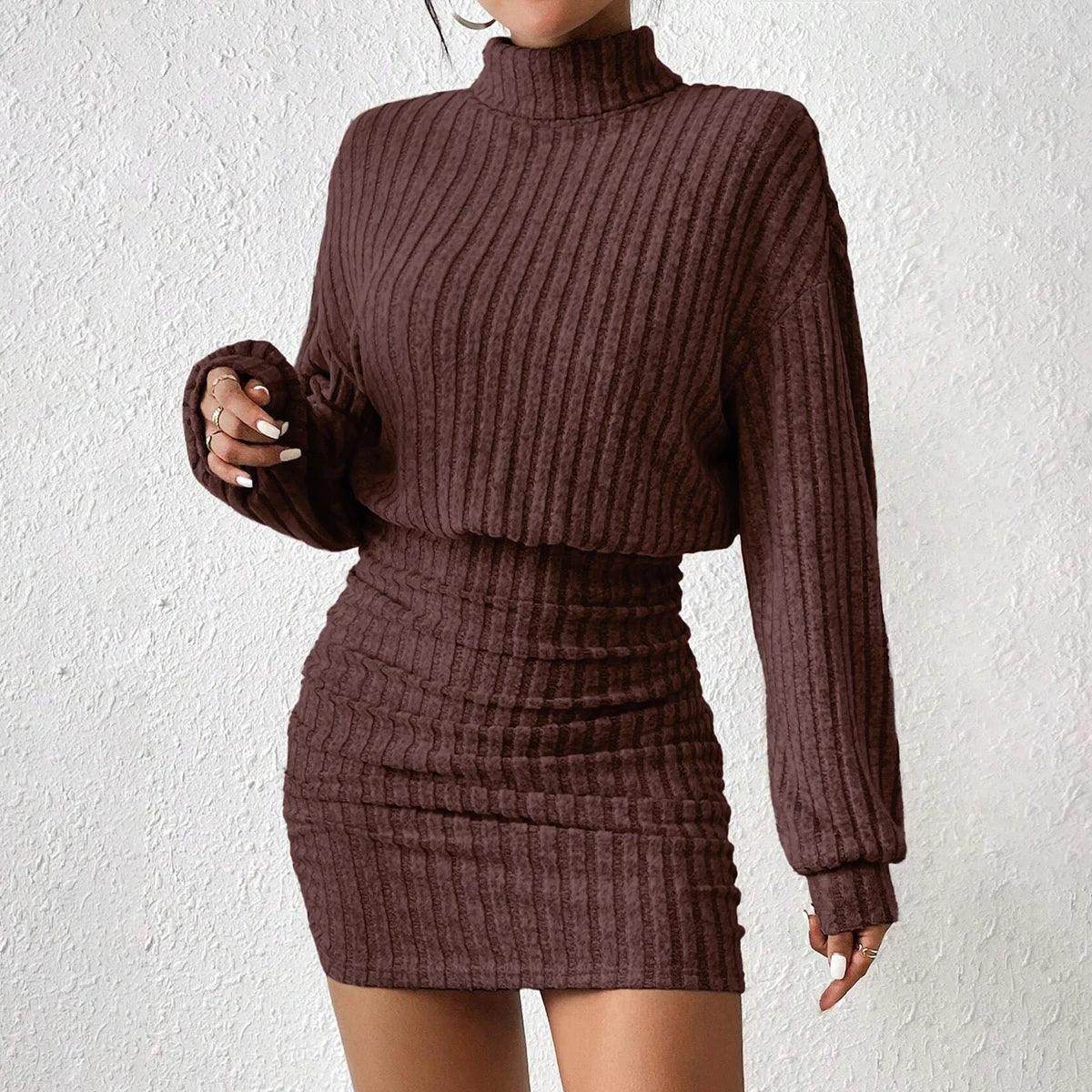 Knit Pullover Mini Dress Long Lantern Sleeve High Neck - P12 Hub Europe