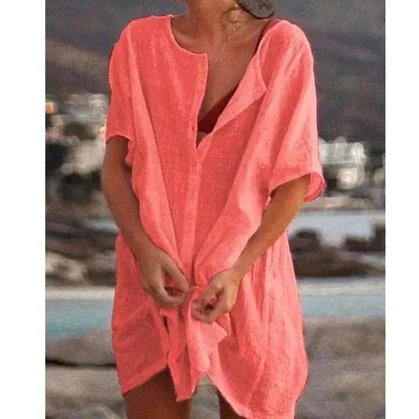 Cotton Linen Beach Dress Solid Casual Loose Tunic - P12 Hub Europe