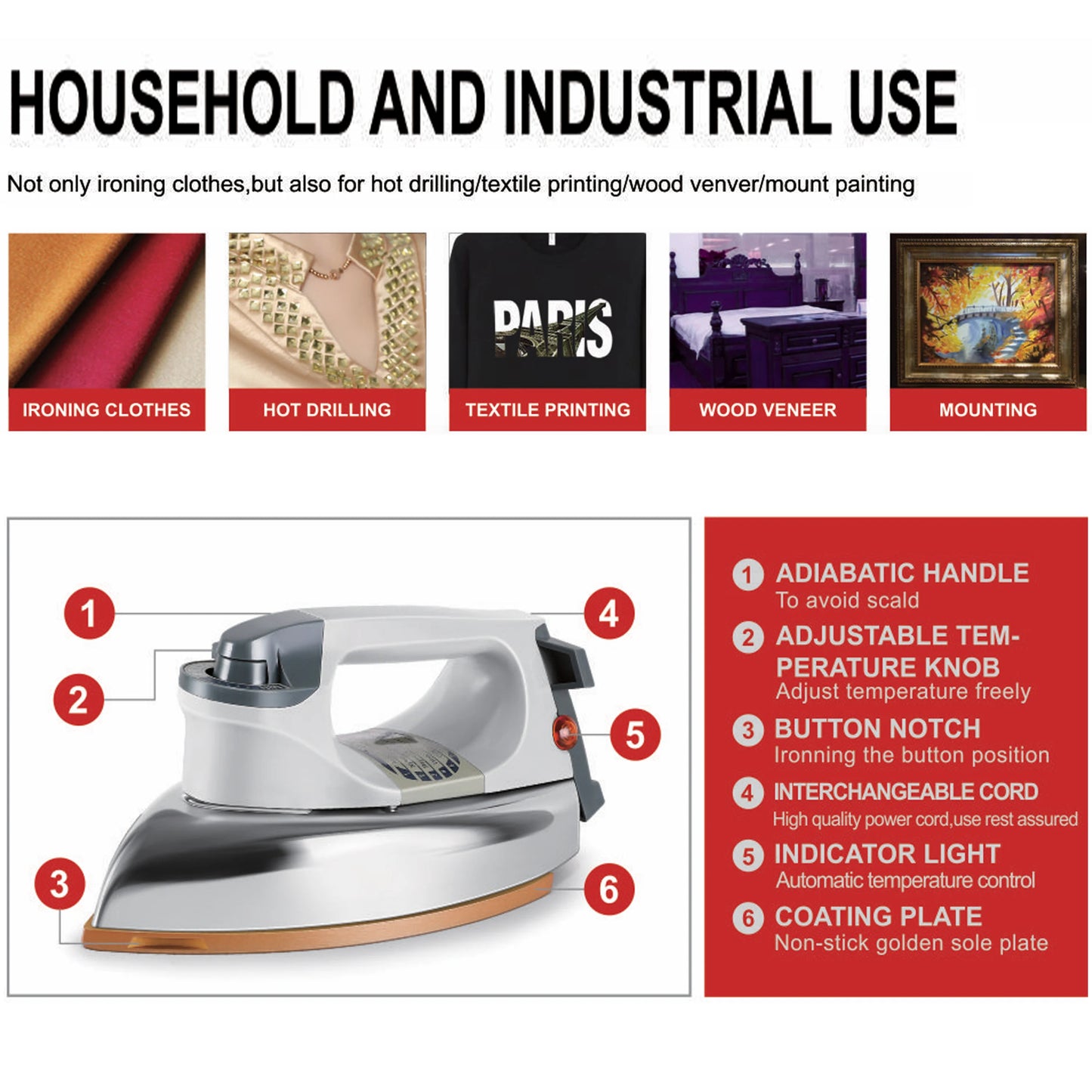 Electric Dry Iron For Clothes 1200W Household Fabric Ceramic Soleplate Electric Iron Ironing Fast-heat For Clothes Sonifer