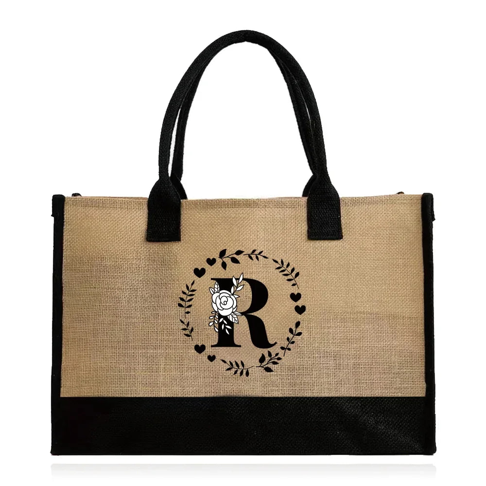 Shopping Bag Burlap Tote Bag Jute Bags Lightweight Handbag Portable LargeCapacity Women Grocery Organizer Garland Letter Pattern